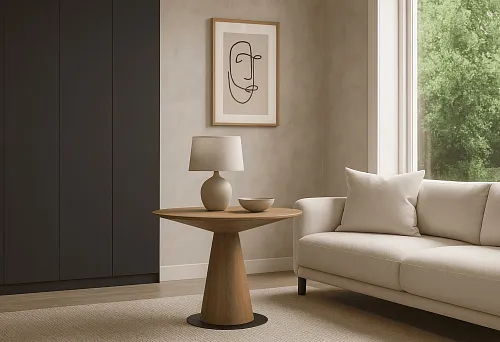 Italian-style living room furniture with wooden table and soft sofa