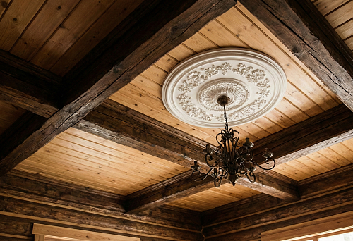 Wooden ceiling decor in a house: beams and coffers with a polyurethane rosette for a chandelier