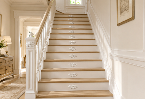 RPU-069 carved rosettes, 116 &times; 60 mm, on the stair risers