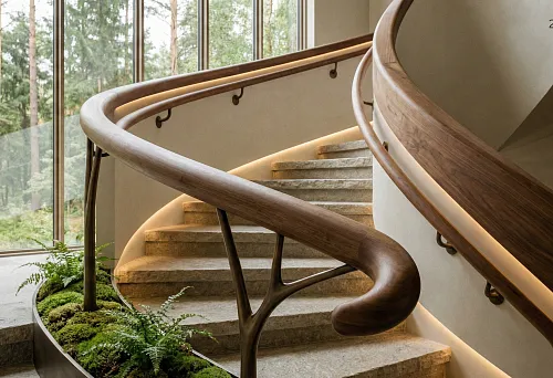 Round Wooden Handrail in a Biophilic Interior with Soft Lighting &mdash; Project 2026