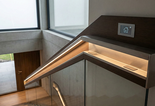 Modern Smart Handrail with Built-in LED Lighting Along Staircase Wall