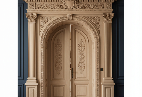Carved wooden moldings: decor for portal, wall panel and facade