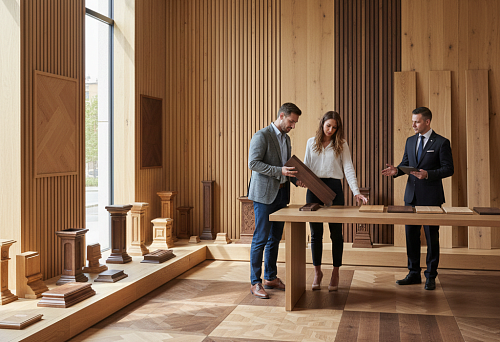 Wooden interior in the showroom: selection of slats, panels and samples, consultation on purchasing a solid wood baseboard