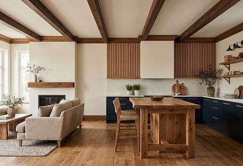 Wooden decor for kitchen-living room with baseboard, cornice, and slats