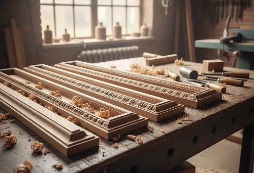 Wooden trim molding with carved ornament on a workbench