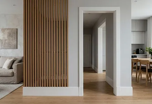 Slatted partition, MDF trim and baseboard: how to assemble a passage between zones without a heavy wall