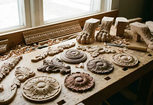 Carved decorative overlays and rosettes for furniture design