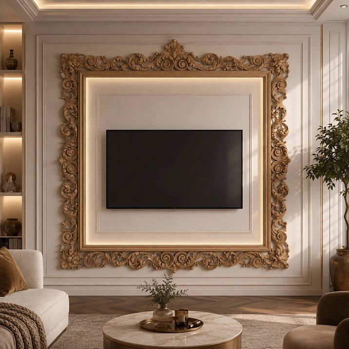 Carved frame RM-015-1 for a mirror, picture, or TV in a classic bedroom.
