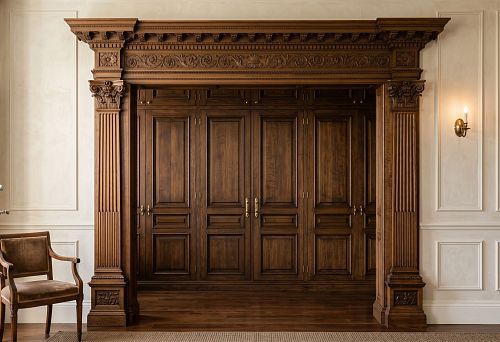 Wooden portal around a built-in wardrobe in the interior