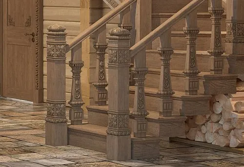 Interior photo in Russian style with wooden staircase and carved elements