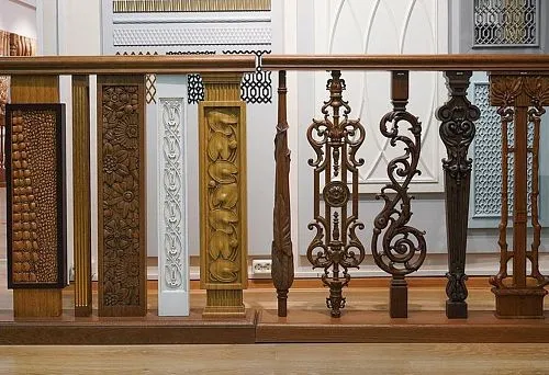 Variety of decorative balusters and wooden elements for interior design.