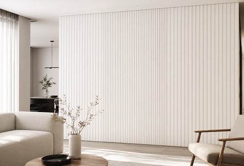 White slatted wall panels in a modern living room interior