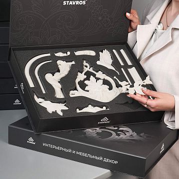 Showcase of molded decor SOPU-001 STAVROS with branded box, catalog and polyurethane samples