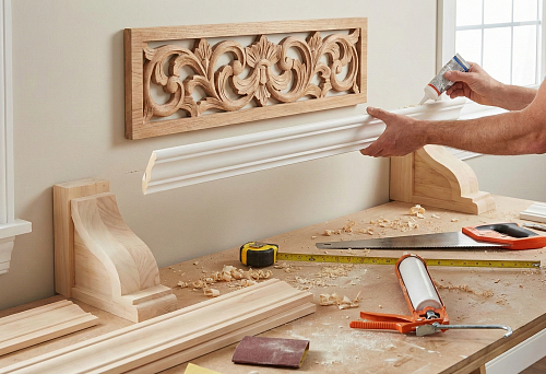 DIY installation of polyurethane stucco: applying glue to the molding in the workshop