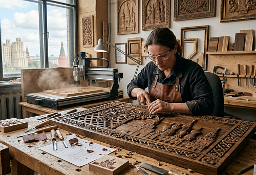 A master performs artistic wood carving in a workshop in Moscow near a milling machine