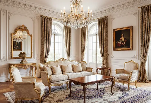 Living room in a classic style with elegant carved furniture, crystal chandelier, stucco, and decorative ornaments, decorated in light tones with gold accents.