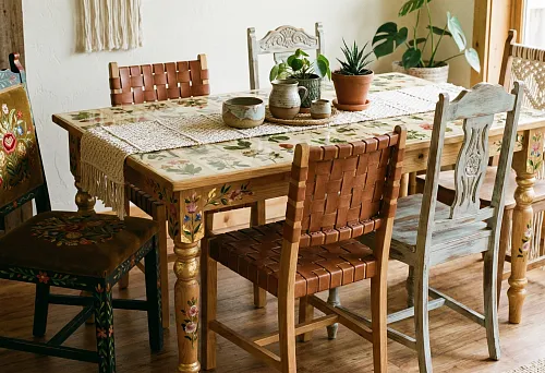 Wooden table and chairs with artistic painting, vintage furniture decor and a textile runner on the table