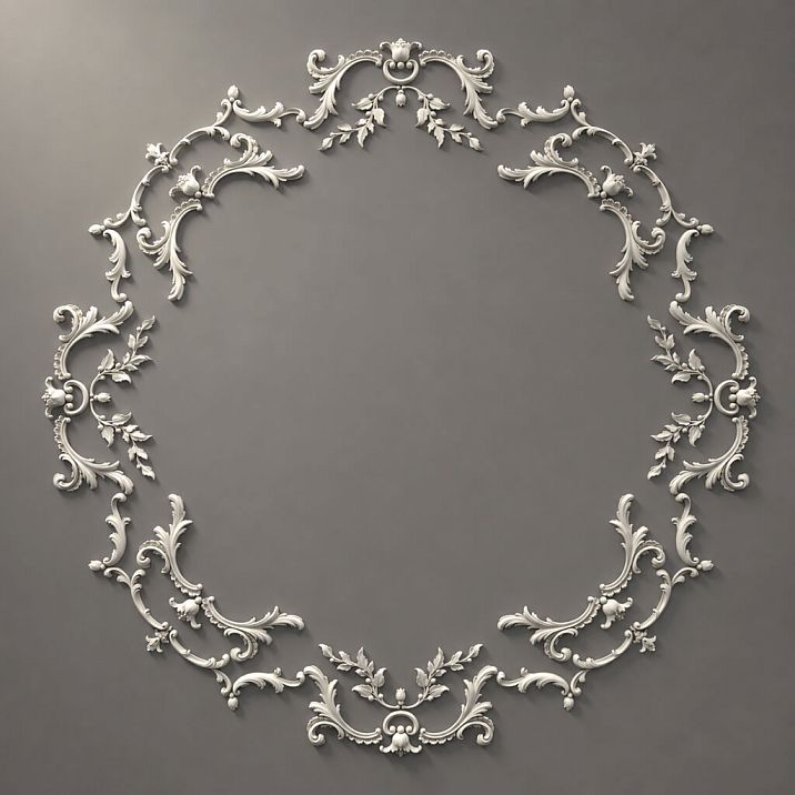 Oval stucco decoration CPU-068 made of polyurethane, 1325&times;1325&times;18 mm, with elegant rococo-style floral ornament