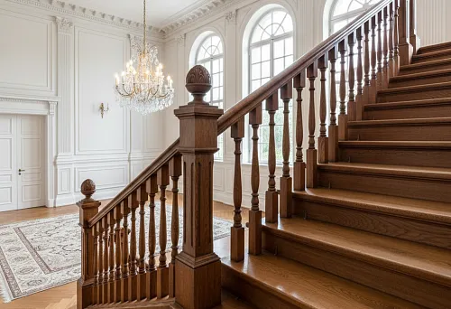 Wooden balusters for stairs in a classic interior &mdash; a massive railing, turned elements, harmony of the staircase, stucco ceiling, and architectural space.