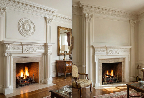 fireplace with a luxurious polyurethane portal and columns in a classic interior