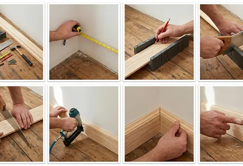 Tools for installing a wooden baseboard with your own hands: miter box, saw, tape measure, hammer, and fasteners