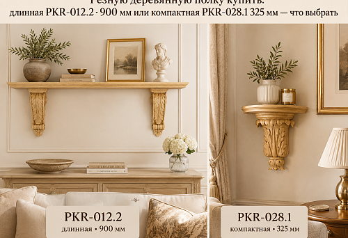 Carved wooden shelves PKR-012.2 and PKR-028.1 &mdash; comparing the long and compact models