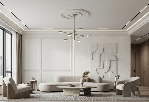 Modern living room with polyurethane stucco: cornice and moldings in neoclassical style