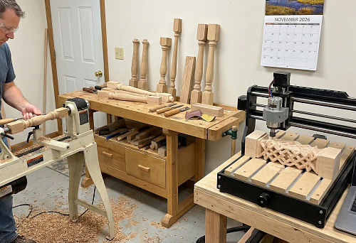 Craftsman Turning a Wooden Baluster on a Lathe in the Workshop