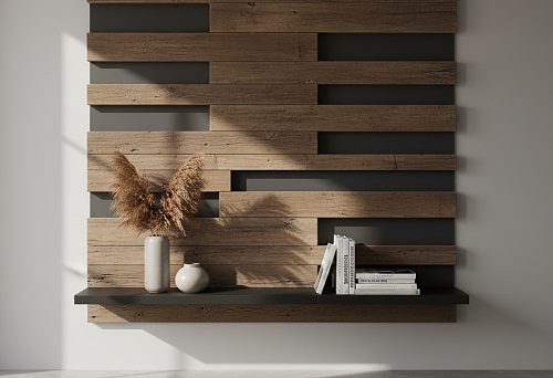 Wooden slats on the wall in a modern interior with a shelf and decor