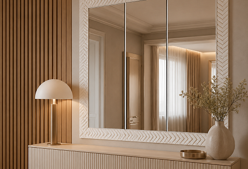 Three narrow mirrors next to a slatted wall in separate frames made of KPU-110 moulding