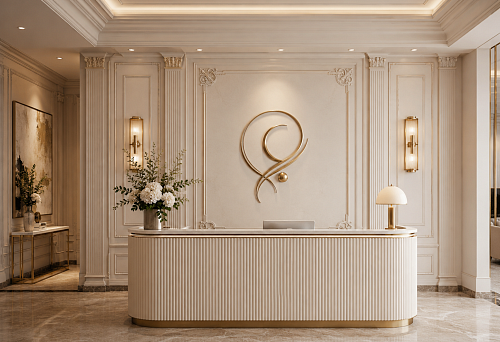 Reception area with stucco molding, moldings, and a decorative wall behind the counter