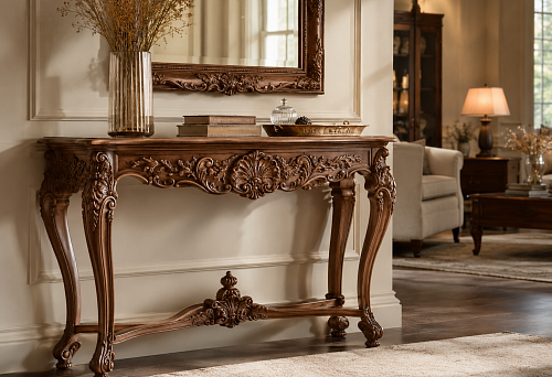 Wooden console for hallway and living room: frame, legs and decor