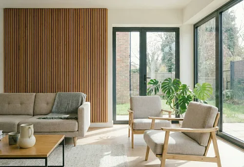 Bright Living Room with Wooden Slat Panel and Panoramic Windows