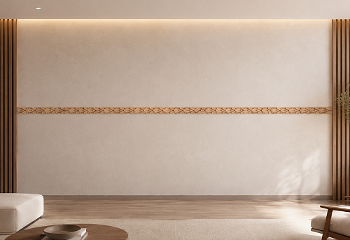 Continuous laurel frieze made of wooden baguette K-083 on a 3.6 m wall section between slatted panels