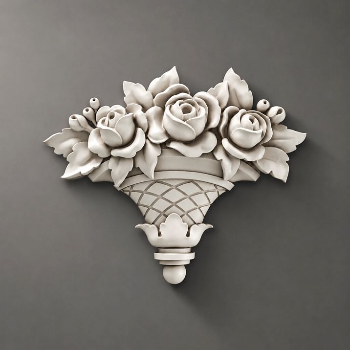 NPU-462.2 Molded Decoration: Basket with lush roses made of polyurethane