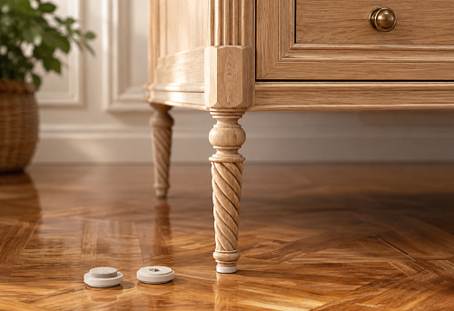 Carved furniture leg MN-032 on lacquered parquet: which floor protector to buy &mdash; FUR-022 or FUR-028