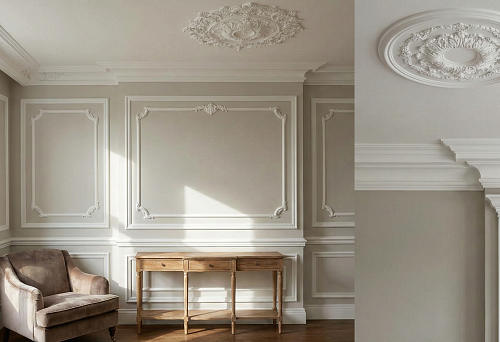 Polyurethane wall molding: moldings and frames on the wall in a classic interior, light finish