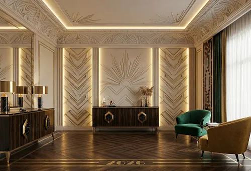 Luxurious Art Deco Interior with Geometric Molding and Brass Elements