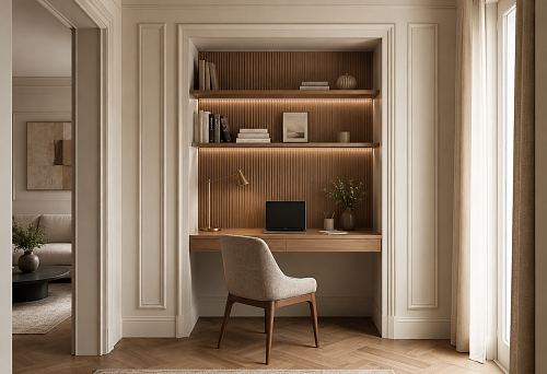 Work niche in the apartment: wooden decor and polyurethane stucco