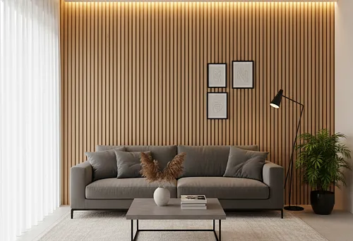 Modern Living Room with Decorative Wooden Slats on the Wall, Creating Graphic Rhythm and Warm Lighting