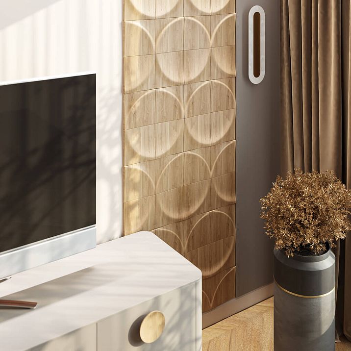 Wooden panel DP-001 in a modern living room interior with minimalist furniture.