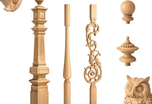 Variety of 50x50 natural wood balusters for stair constructions