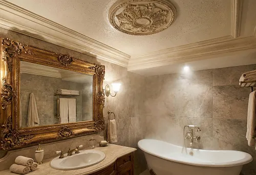 Ceiling Molding in a High-Humidity Bathroom &mdash; Classic Ceiling Decor with a Rosette and Cornices, Resistant to Steam and Temperature Fluctuations