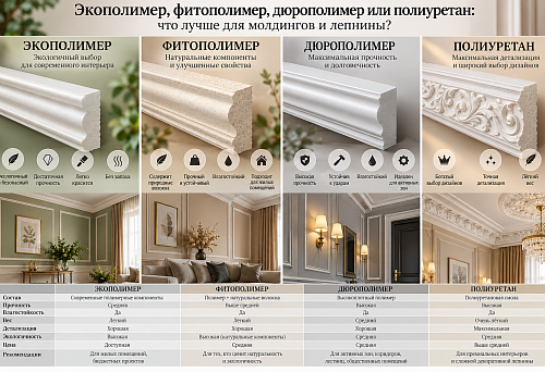 Ecopolymer, phytopolymer, duropolymer or polyurethane &mdash; a comparison of mouldings and decorative stucco for interiors
