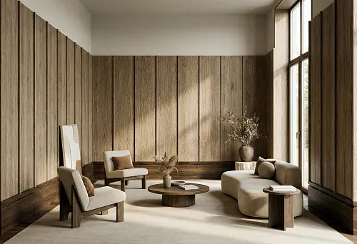Interior with high wall panels and massive wooden baseboards, light furniture and warm natural finishes