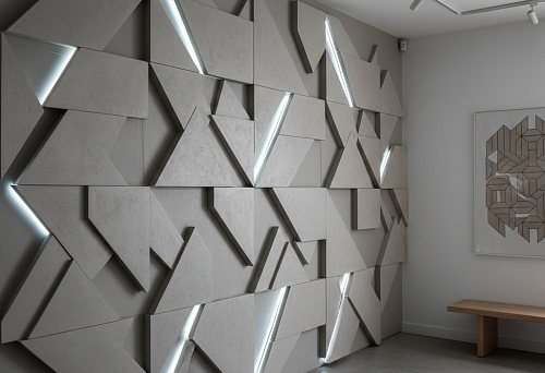 3D wall relief without stucco: modular geometric panels with built-in light lines in a modern interior