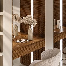 Flexible slat panels for decorating radius walls, arches, niches, and curved surfaces.