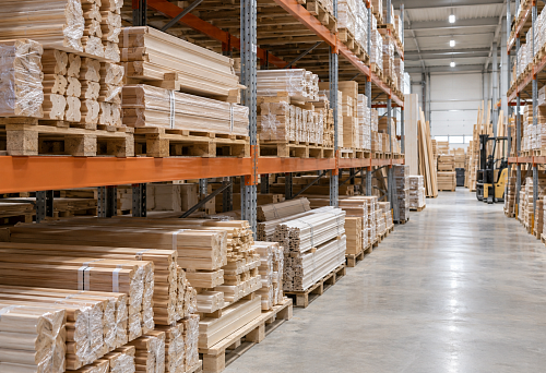 Building materials warehouse with wooden trim