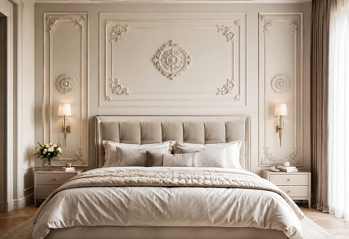 How to design a wall behind the bed headboard with stucco: moldings, rosettes, and decorative elements