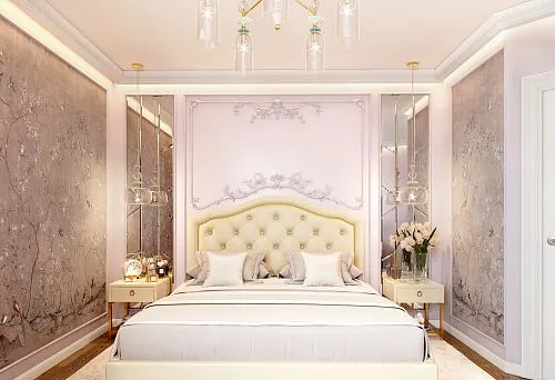 An elegant bedroom with a soft headboard, carved wooden panels, and refined wall decor